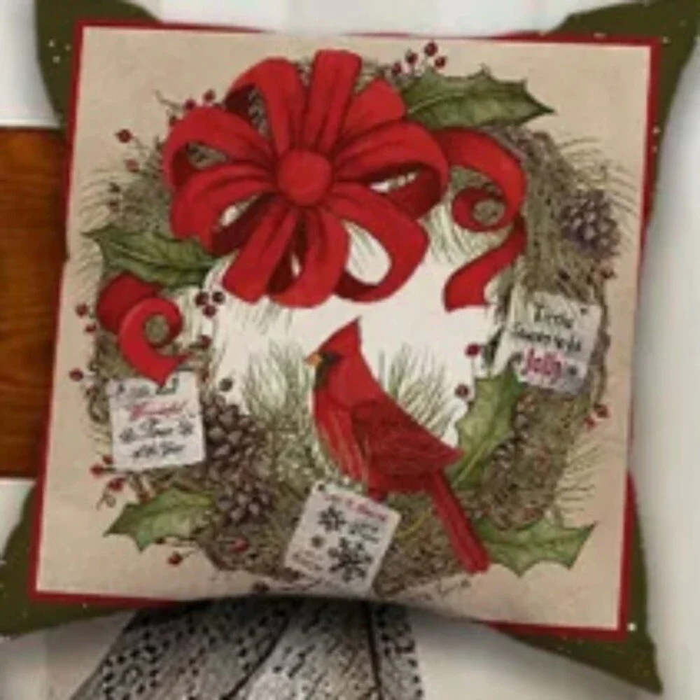 NEW VTG LOOK SET OF 5 CHRISTMAS FARMHOUSE WREATH BIRDS LINEN 18